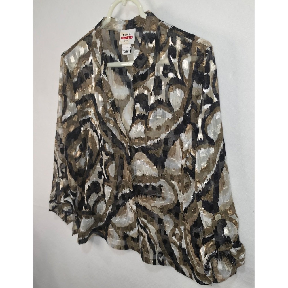 Ruby Rd Favorites Petite Blouse 12P Abstract Swirl Burnout Gold Metallic Top - Picture 6 of 7